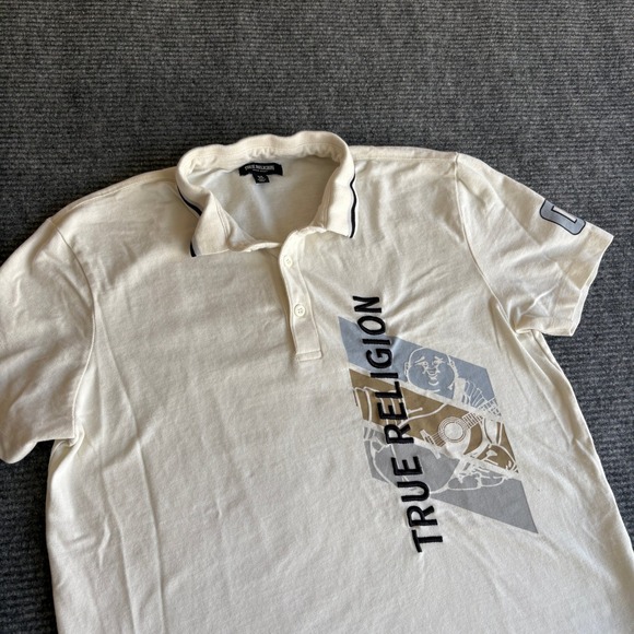 Y2K True Religion Mens Buddha Graphic Polo Shirt Cream Off White Size Medium M - Picture 2 of 4